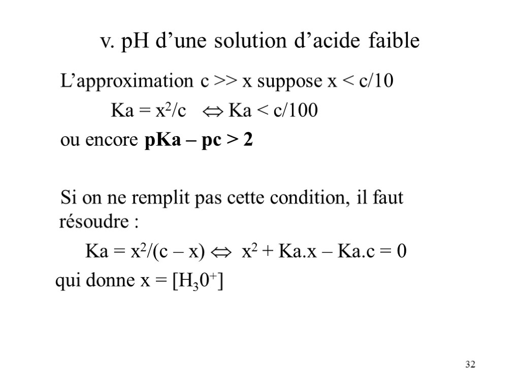 32 v. pH d’une solution d’acide faible L’approximation c >> x suppose x <